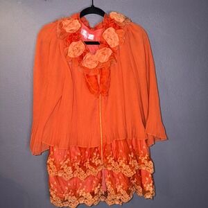 Pretty Angel Orange Floral Ruffle Lace Zip Romantic Silk Blend Tunic Top Sz XL